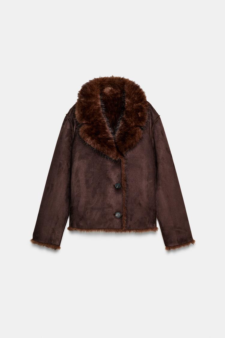 VESTE RÉVERSIBLE EFFET DAIM ET FAUSSE FOURRURE